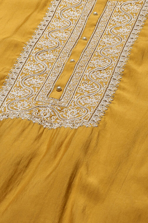Yellow Chanderi Hand Embroidered Unstitched Suit Set image number 2