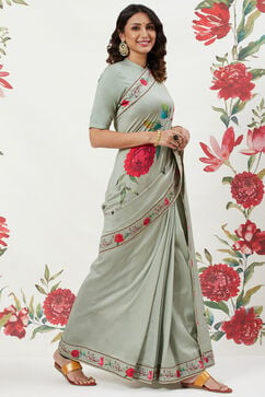 Rohit Bal Green Chanderi Silk Printed Saree With Blouse image number 3
