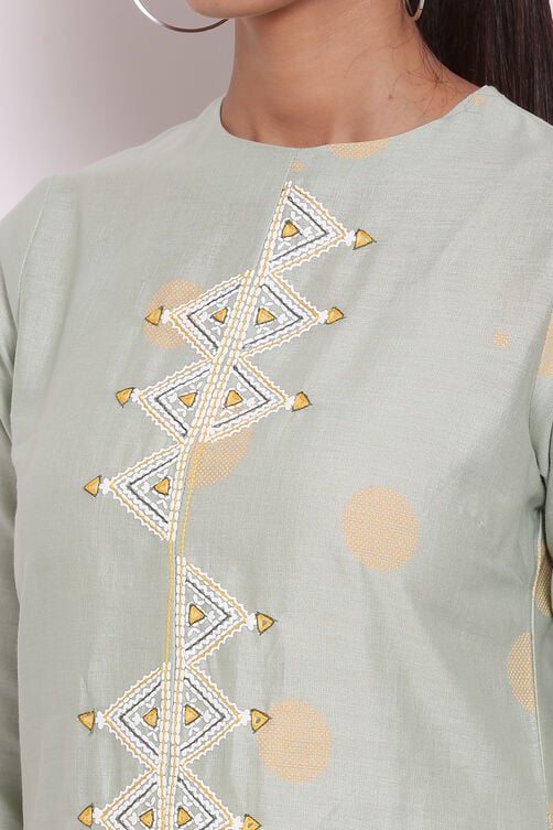 Mint Green Cotton Flax Asymmetric Printed Kurta image number 1