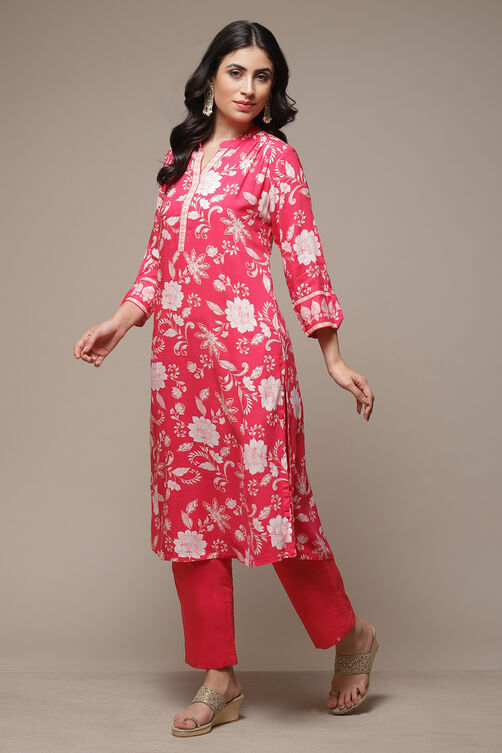 Pink LIVA Straight Printed Kurta image number 3