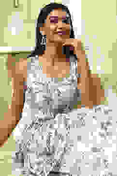 Off-White and Blue Cotton Flared Kurta Set image number 0