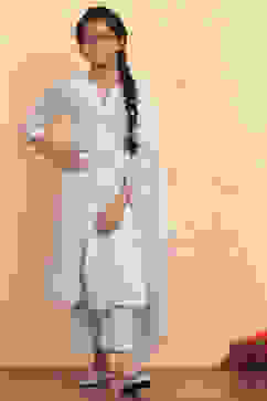 Powder Blue Silk Chanderi Flared Suit Set image number 6