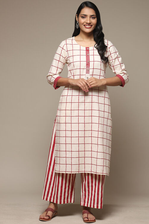 Natural & Blue Cotton Blend Straight Kurta Palazzo Suit Set image number 6