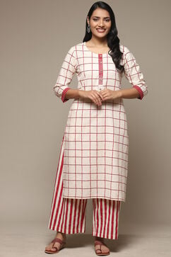 Natural & Berry Cotton Blend Straight Kurta Palazzo Suit Set image number 6