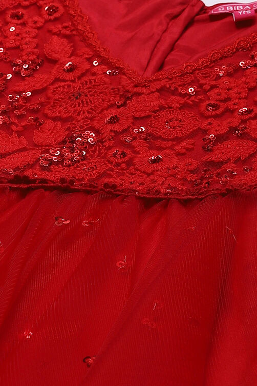 Red Nylon Layered Embroidered Dress image number 1