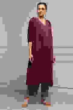 Purple Satin Solid Kaftan-Style Kurta Set image number 0