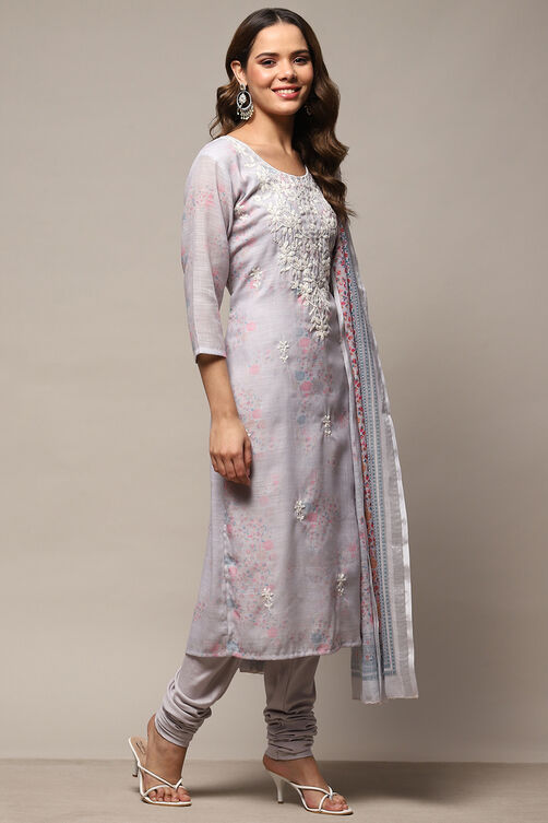 Grey Linen Unstitched Suit Set image number 7