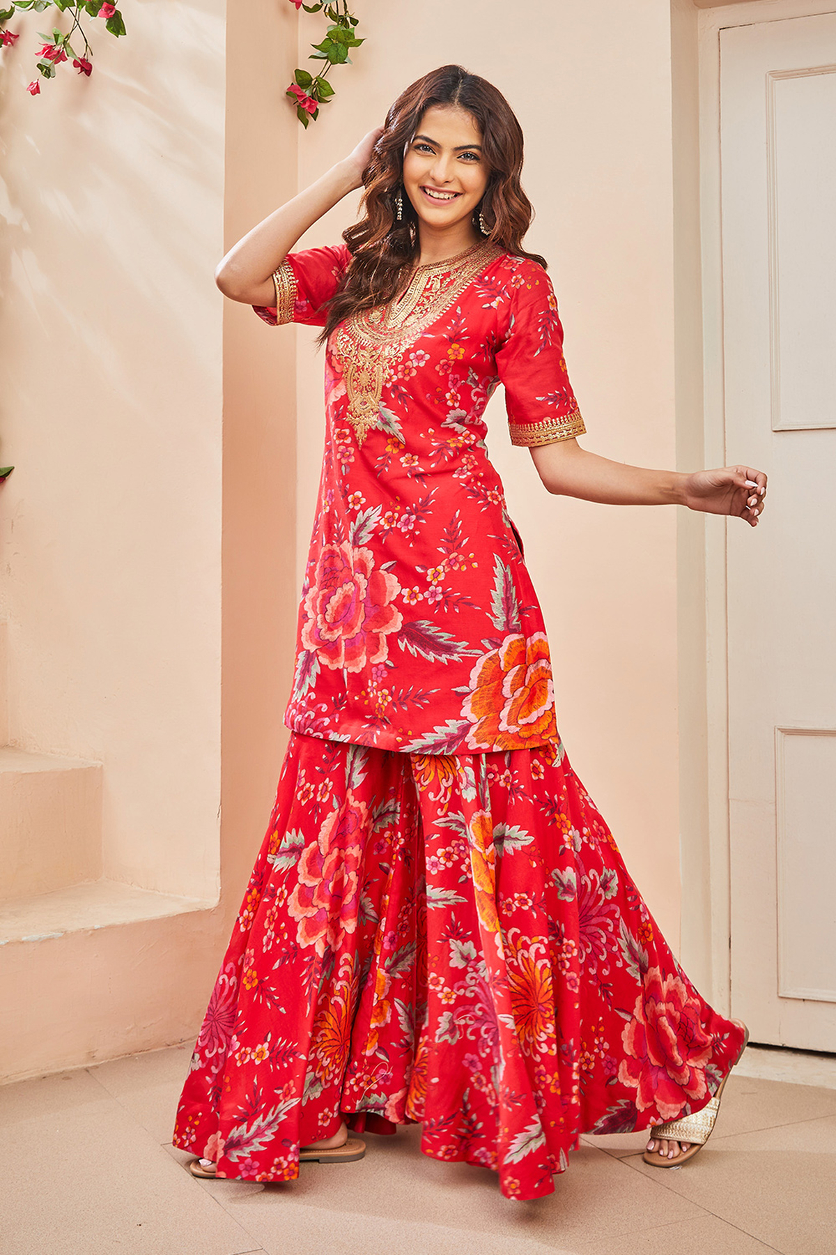 Red Polyester Straight Suit Set