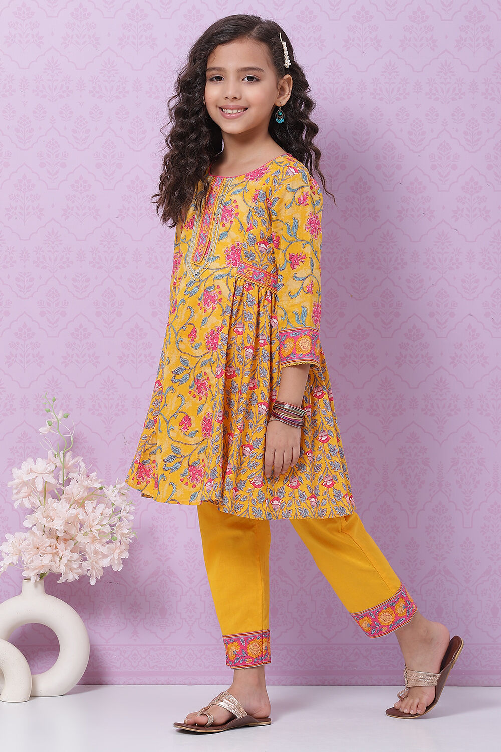 Yellow Cotton Flared Printed Kurta Set image number 3