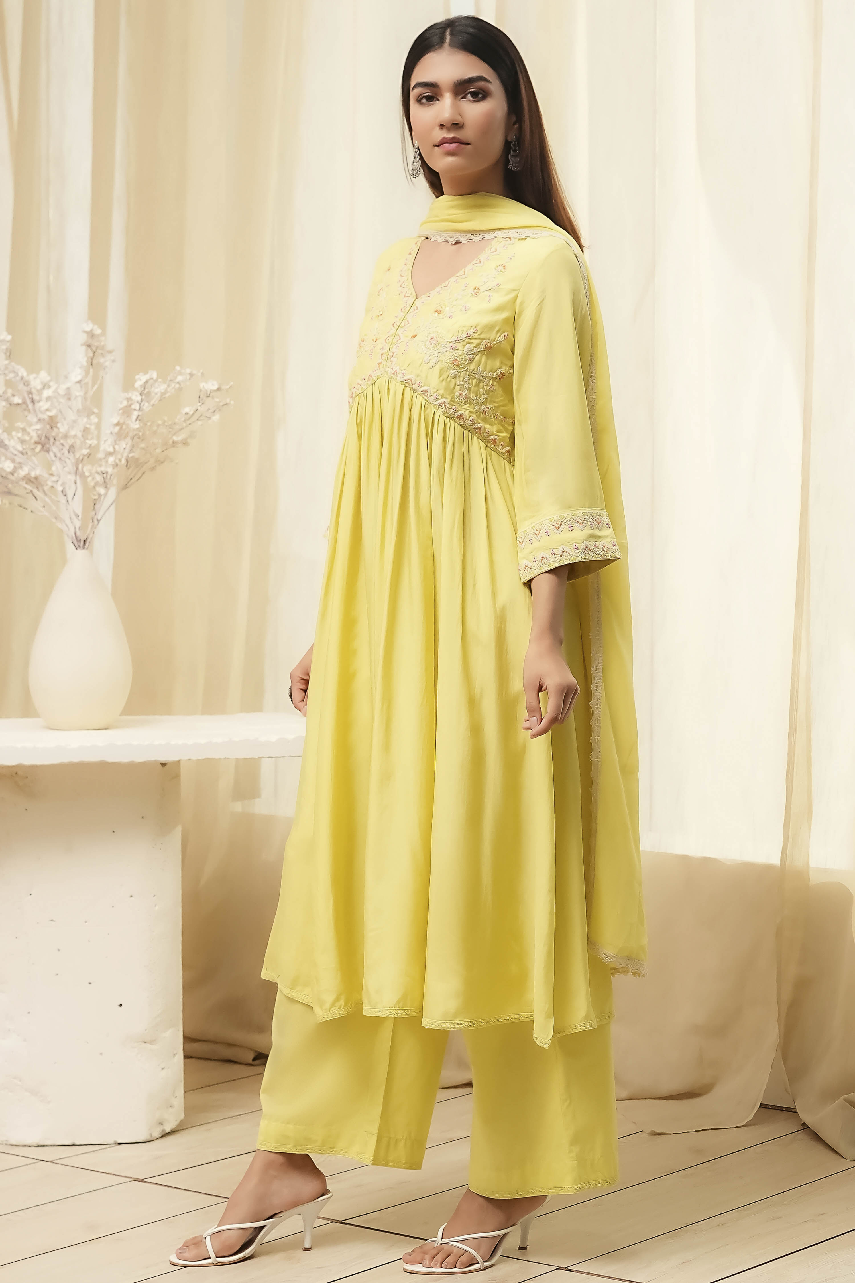 Lime Modal Blend Embroidered Gathered Suit Set image number 3