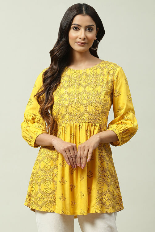 Mustard LIVA Flared Printed Short Kurti image number 0