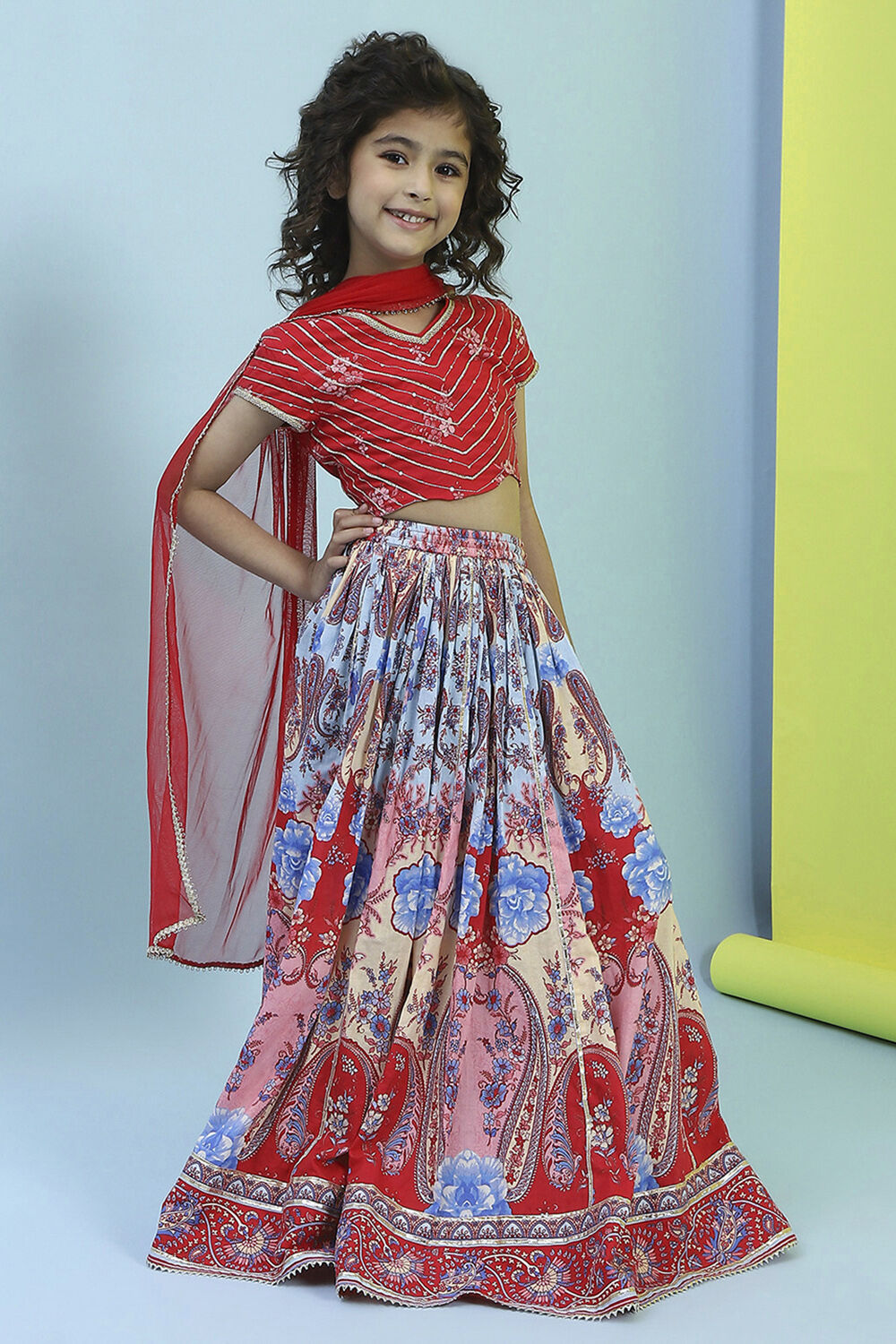 Red Cotton Printed Flared Lehenga Set image number 5