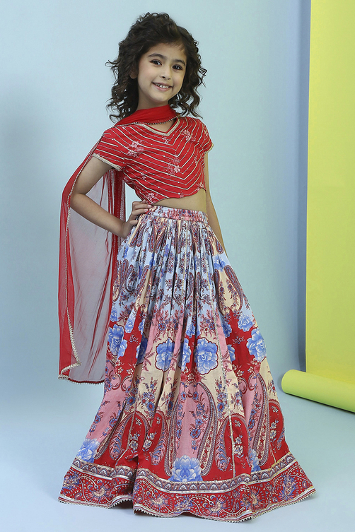 Red Cotton Printed Flared Lehenga Set image number 5