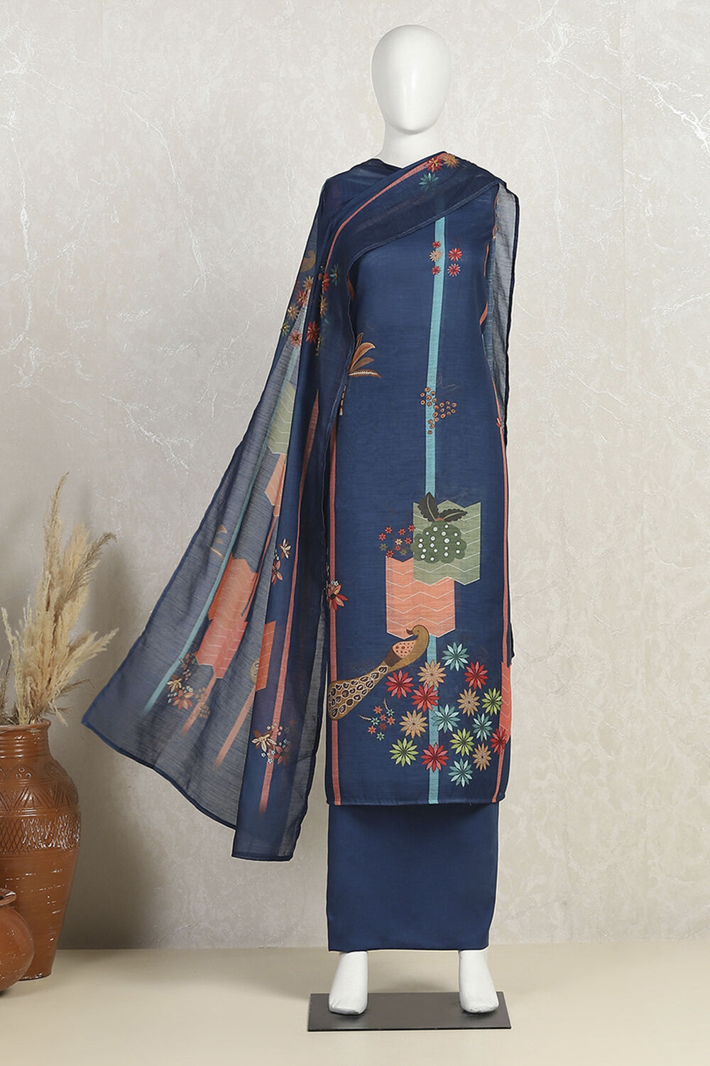 Navy Blue Chanderi Printed Unstitched Suit Set image number 4