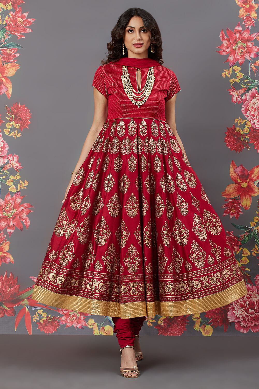 Buy Rohit Bal Red Chanderi Silk Anarkali Solid Suit Set Kurta