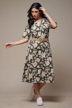 Forest Green Cotton Straight Printed Dress image number 0