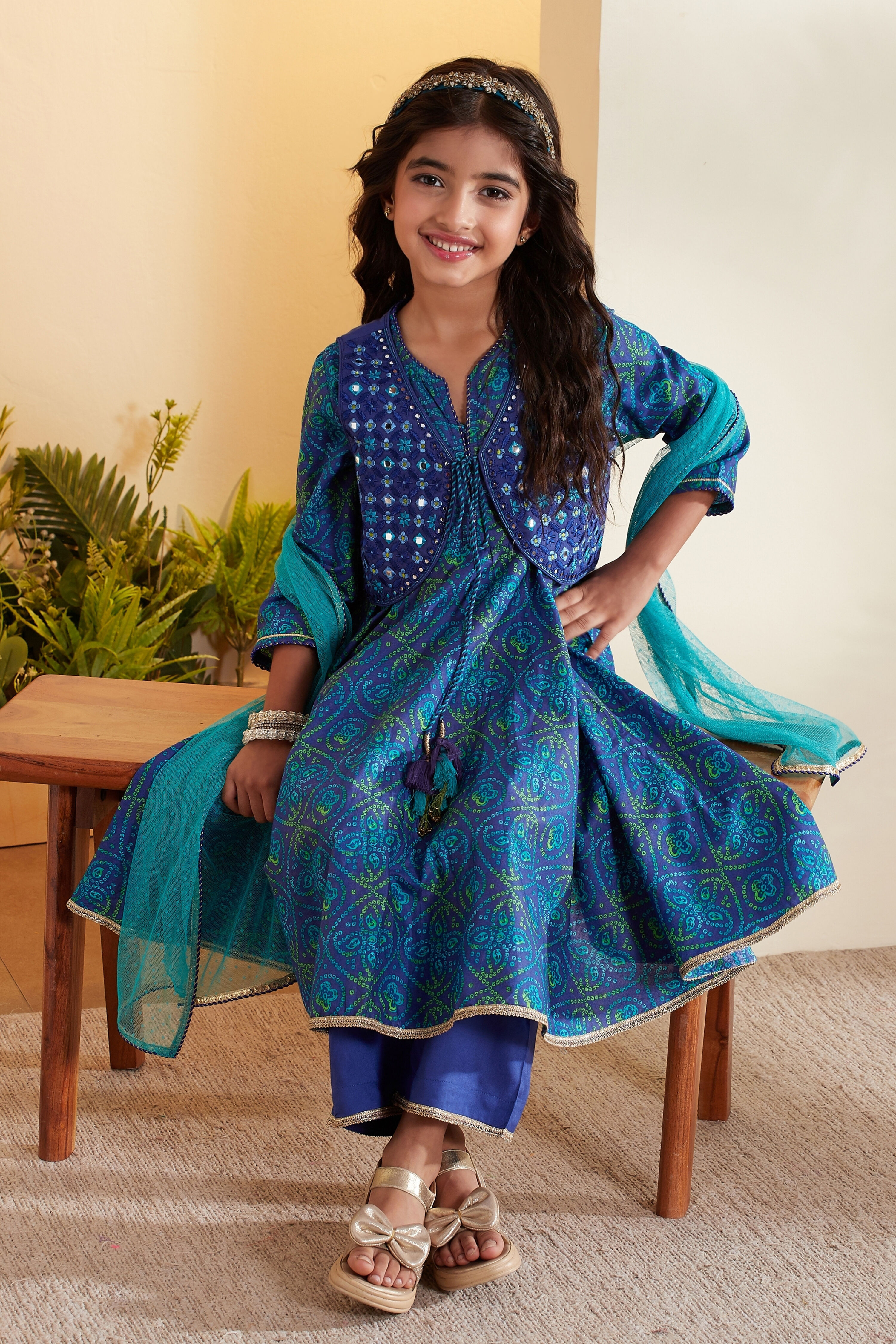 Green & Blue Cotton Printed Anarkali Kurta Set image number 0
