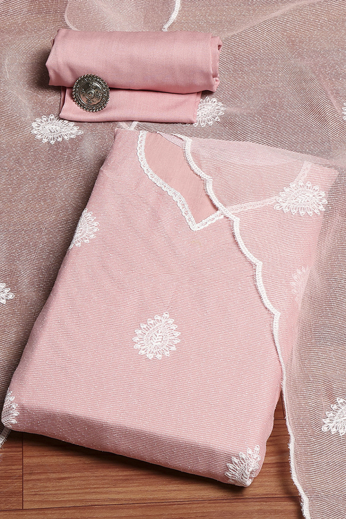 Pink Cotton Machine Embroidered Unstitched Suit Set image number 0