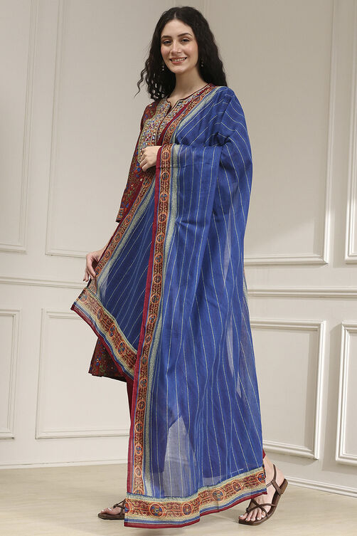 Rust and Blue Cotton Printed A-Line Suit Set image number 3