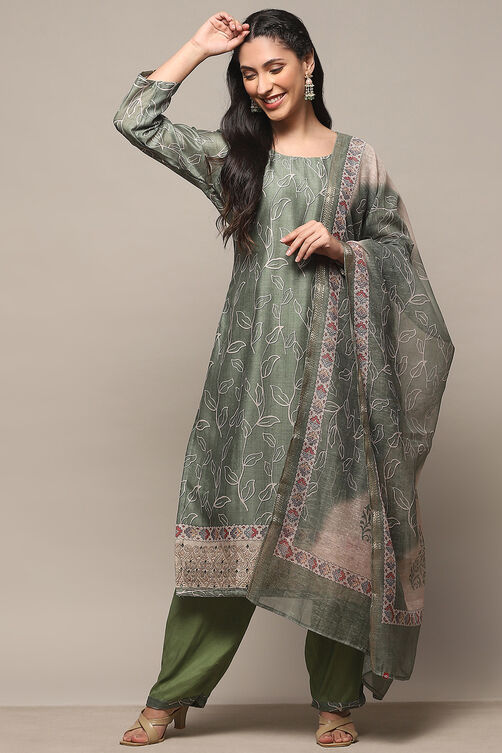 Olive Chanderi Unstitched Suit set image number 1