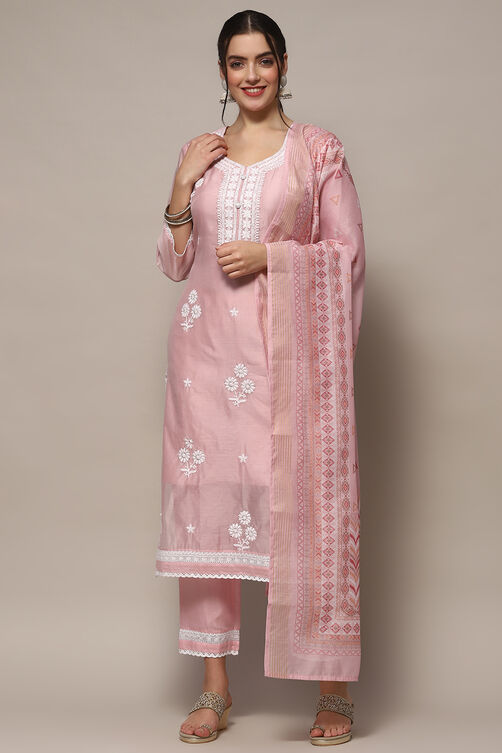 Pastel Pink Chanderi Blend Unstitched Suit set image number 8