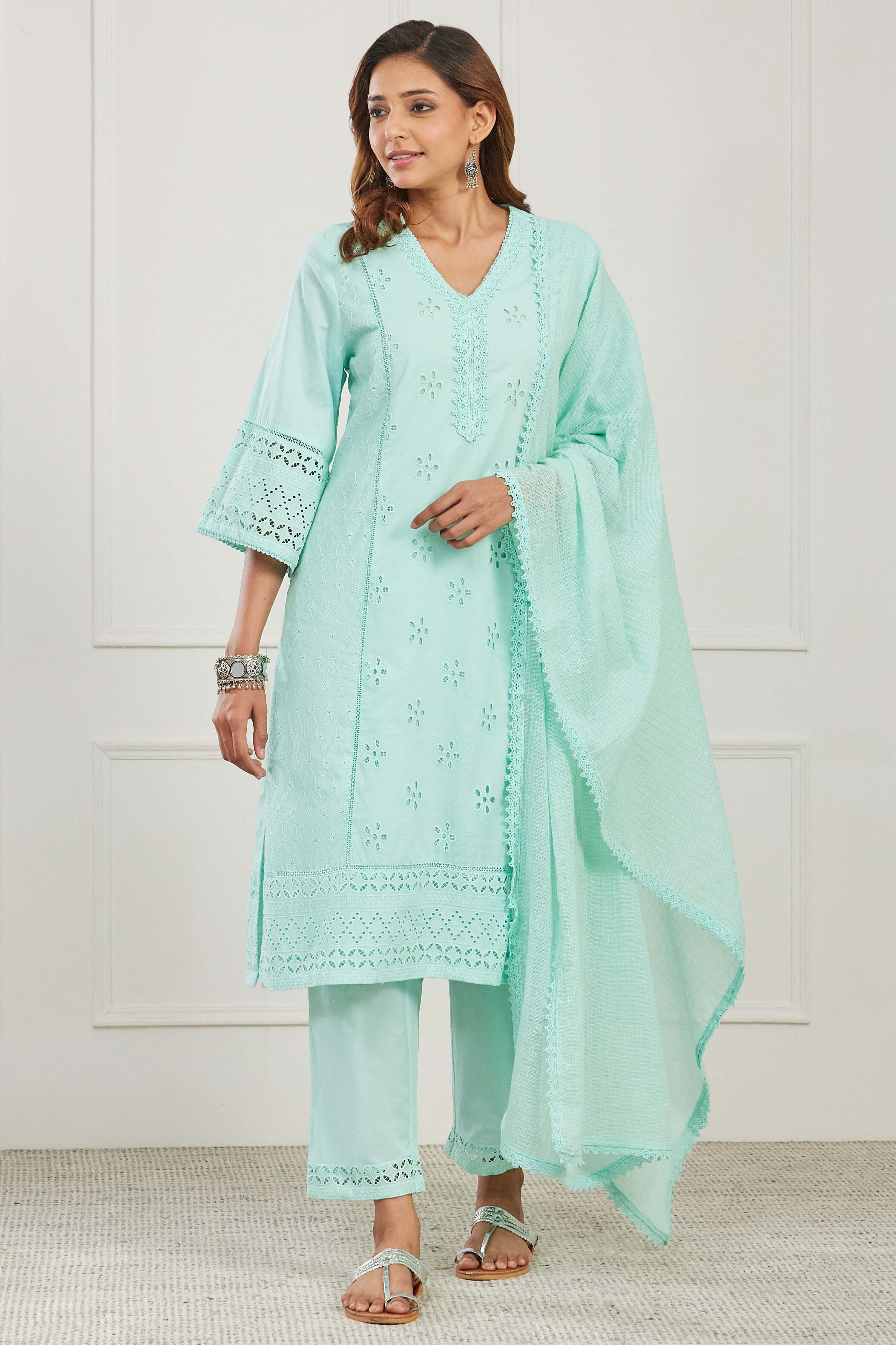 Blue Cotton Straight Suit Set image number 0