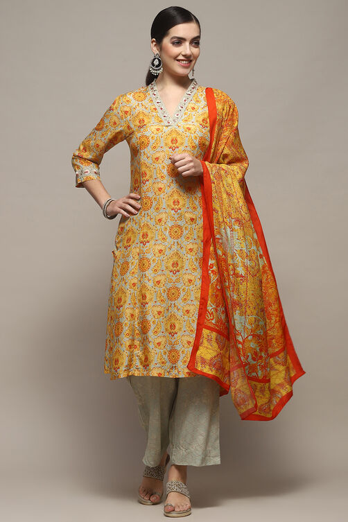 Mango Yellow Viscose Straight Suit Set image number 0