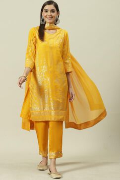 Yellow Printed Straight Kurta Slim Pant Suit Set image number 0