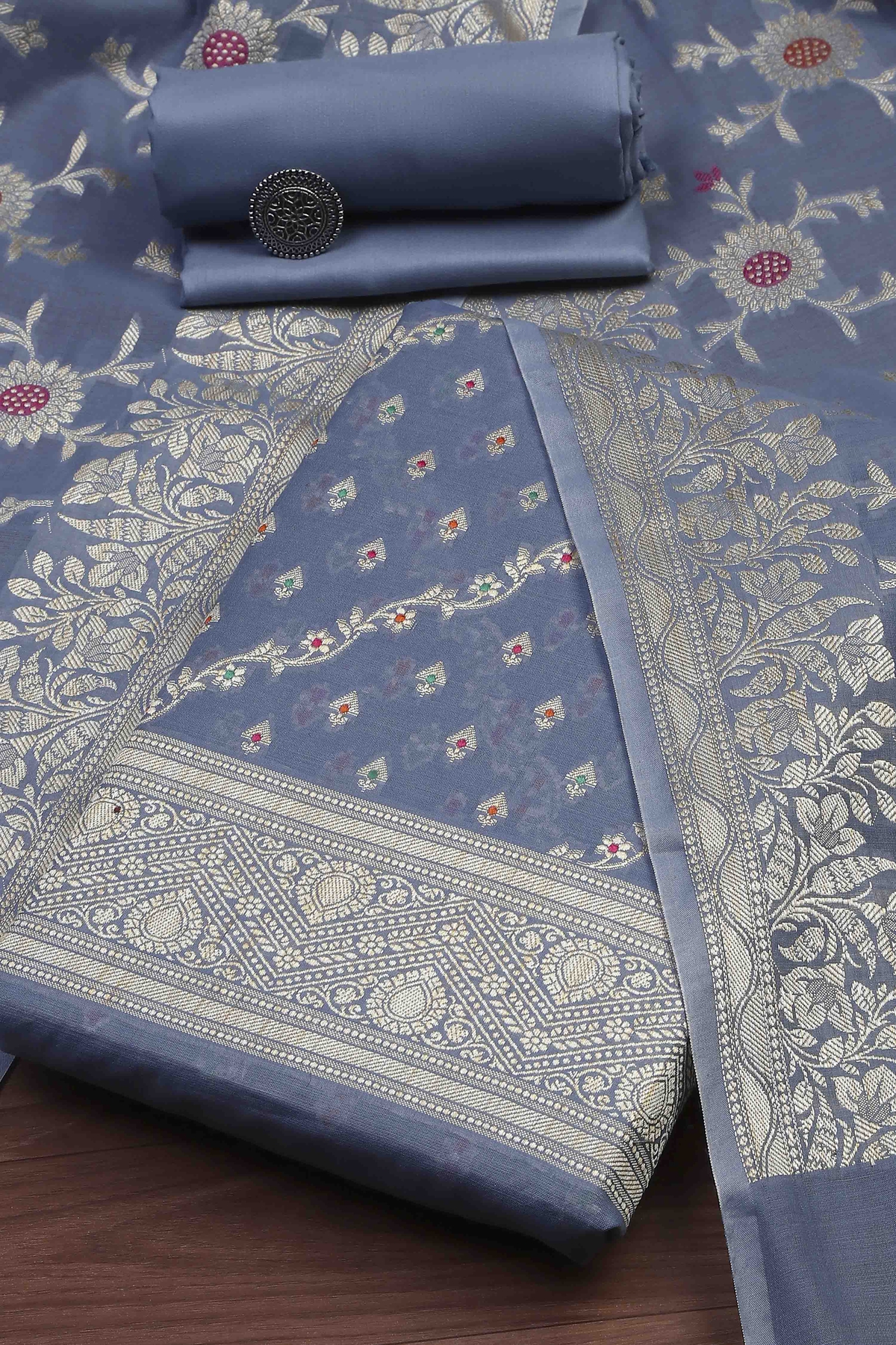 Sky Blue Cotton Printed Embroidered Unstitched Suit Set