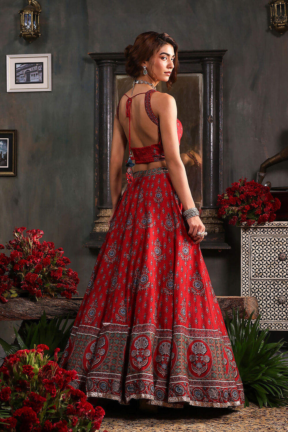 Red Chanderi Printed Fitted Lehenga Set image number 4
