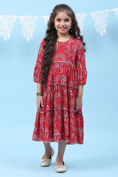 Red Rayon Tiered Printed Kurta Dress image number 5