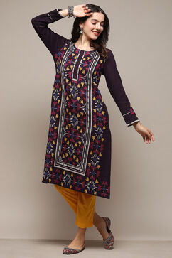 Pink & Purple Poly Cotton Straight Yarndyed Kurta image number 0