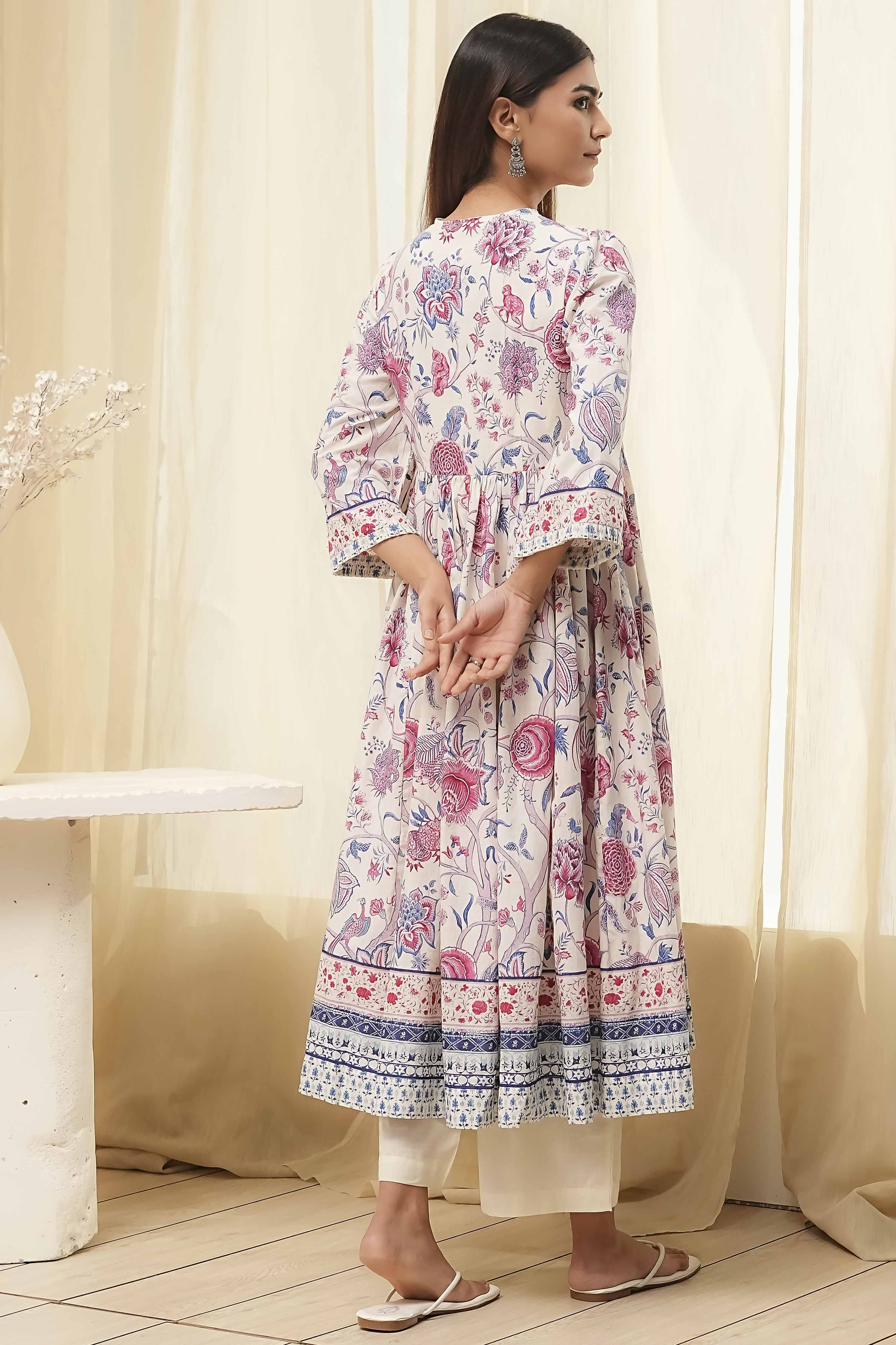 Off-White Cotton Floral Gathered Suit Set image number 4