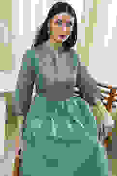 Turquoise Yarn-Dyed Flared Kurta image number 0