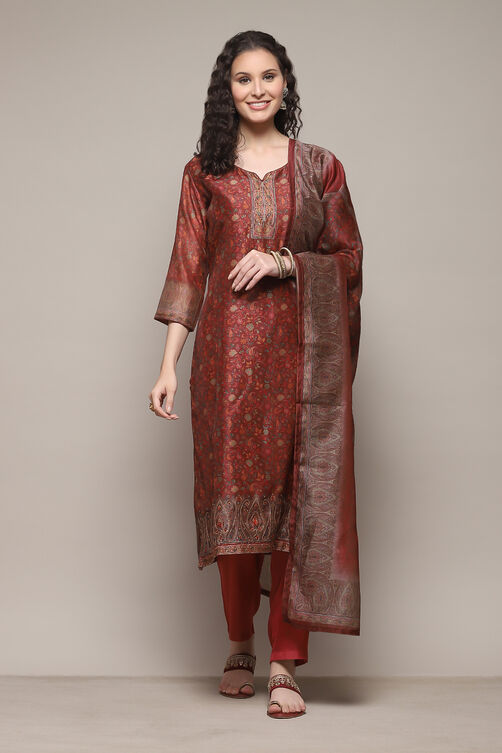 Maroon Chanderi Unstitched Suit Set image number 7