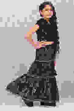 Black Art Silk Printed Short Top Lehenga Set image number 5