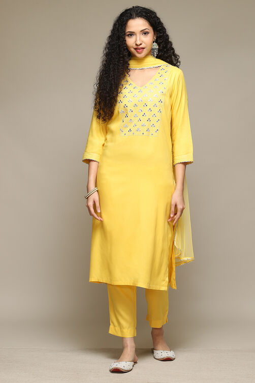 Yellow Rayon Straight Kurta Pants Suit Set image number 7