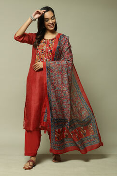Red Chanderi Machine Embroidered Unstitched Suit Set image number 0