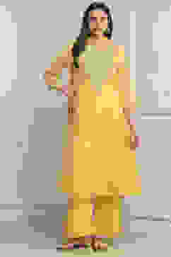Yellow Poly Chanderi Straight Suit Set image number 0