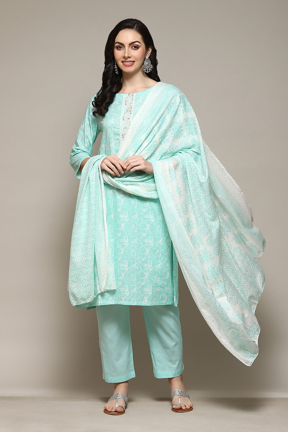 Green Cotton Hand Embroidered Unstitched Suit Set image number 1