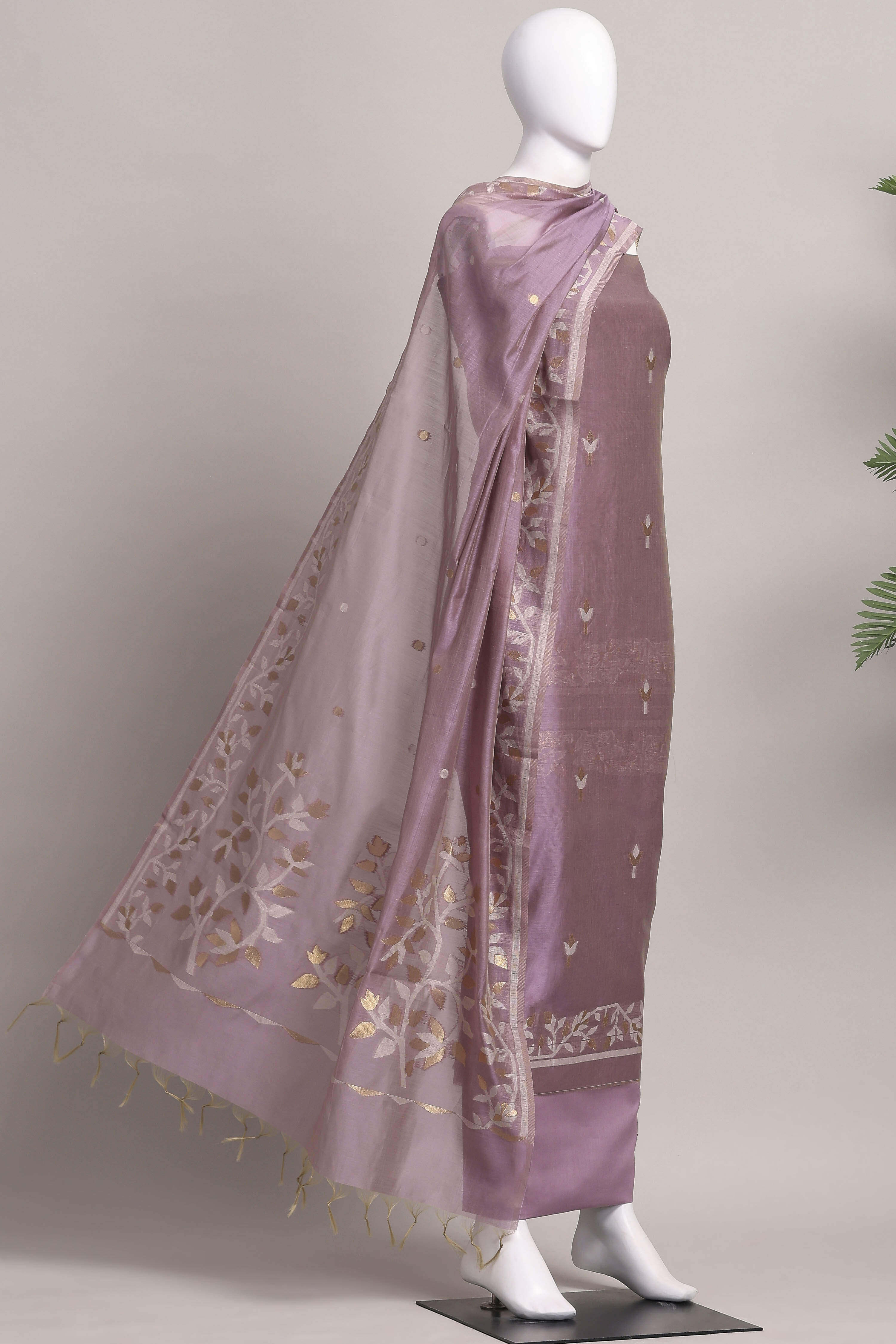 Mauve Cotton Printed Embroidered Unstitched Suit Set image number 4