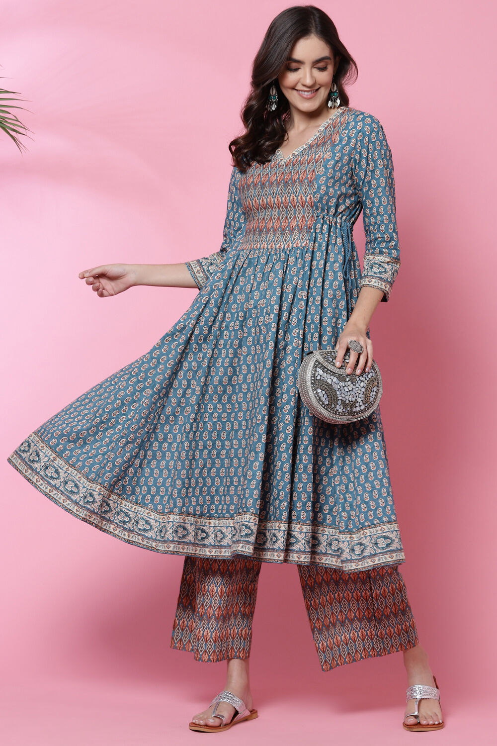 Teal Cotton Flared Kurta Set image number 0