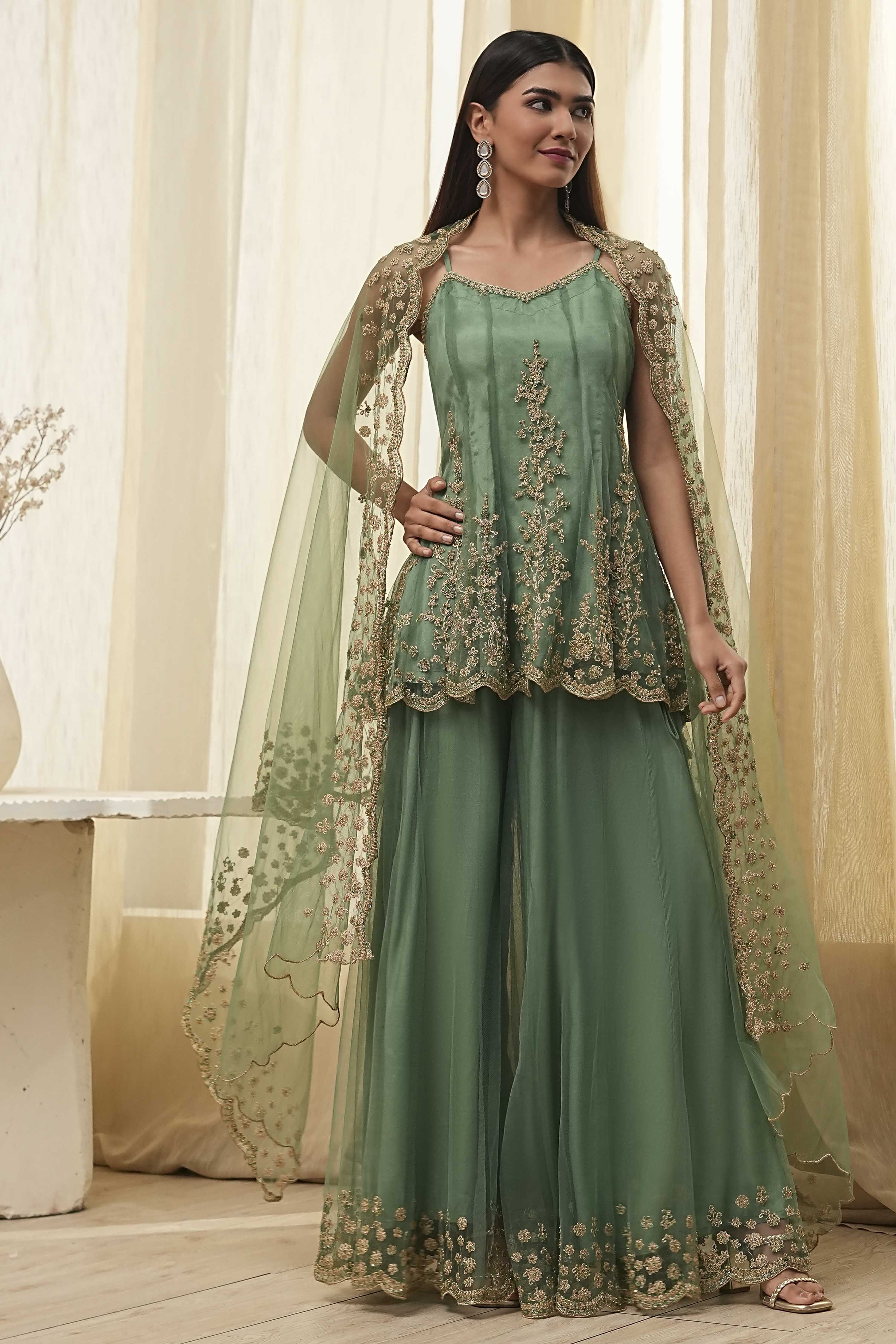 Pink Net Embroidered Kalidar Sharara Kurta Set image number 6