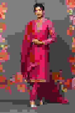 Rohit Bal Fuschia Cotton Blend Straight Kurta Suit Set image number 0