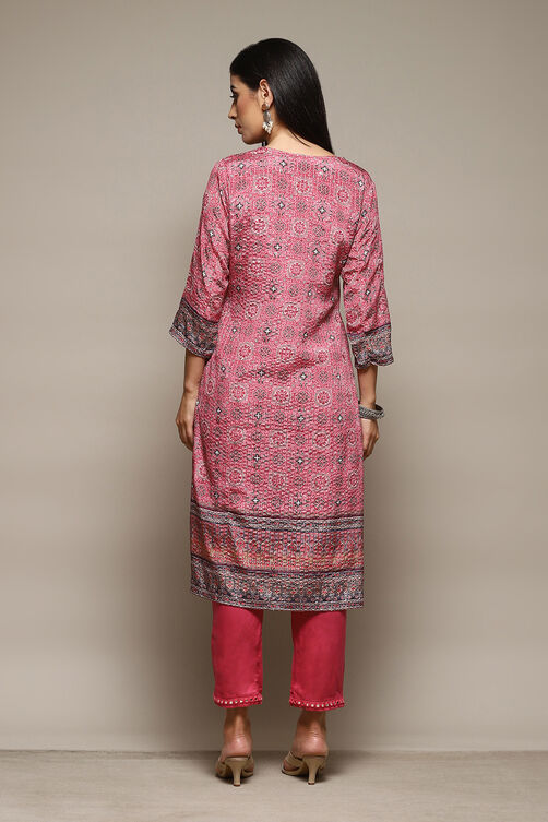 Pink Printed Straight Kurta & Pants Suit Set image number 4