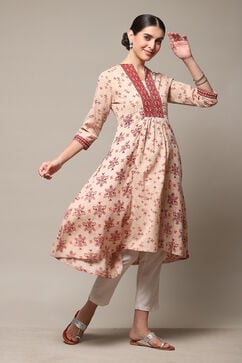 Red Cotton Blend A-Line Printed Kurta image number 3