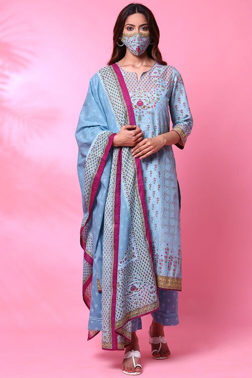 Beige Cotton Straight Kurta Palazzo Suit Set image number 3