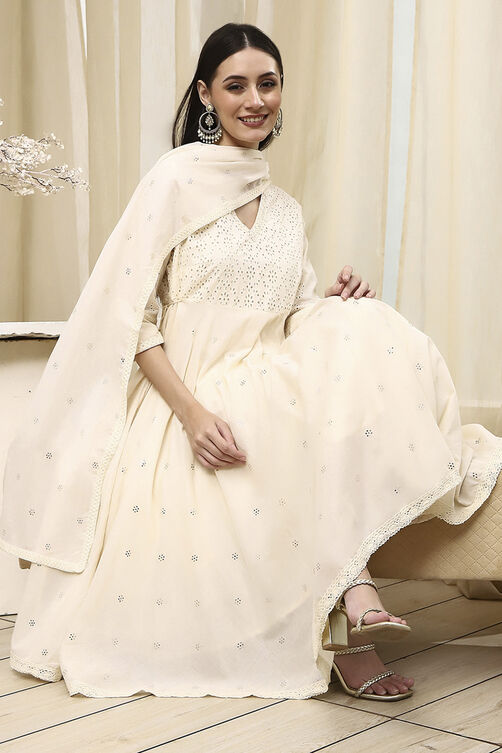Off White Cotton Anarkali Suit Set image number 0