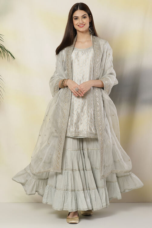 Powder Blue Poly Metallic Straight Suit Set image number 4