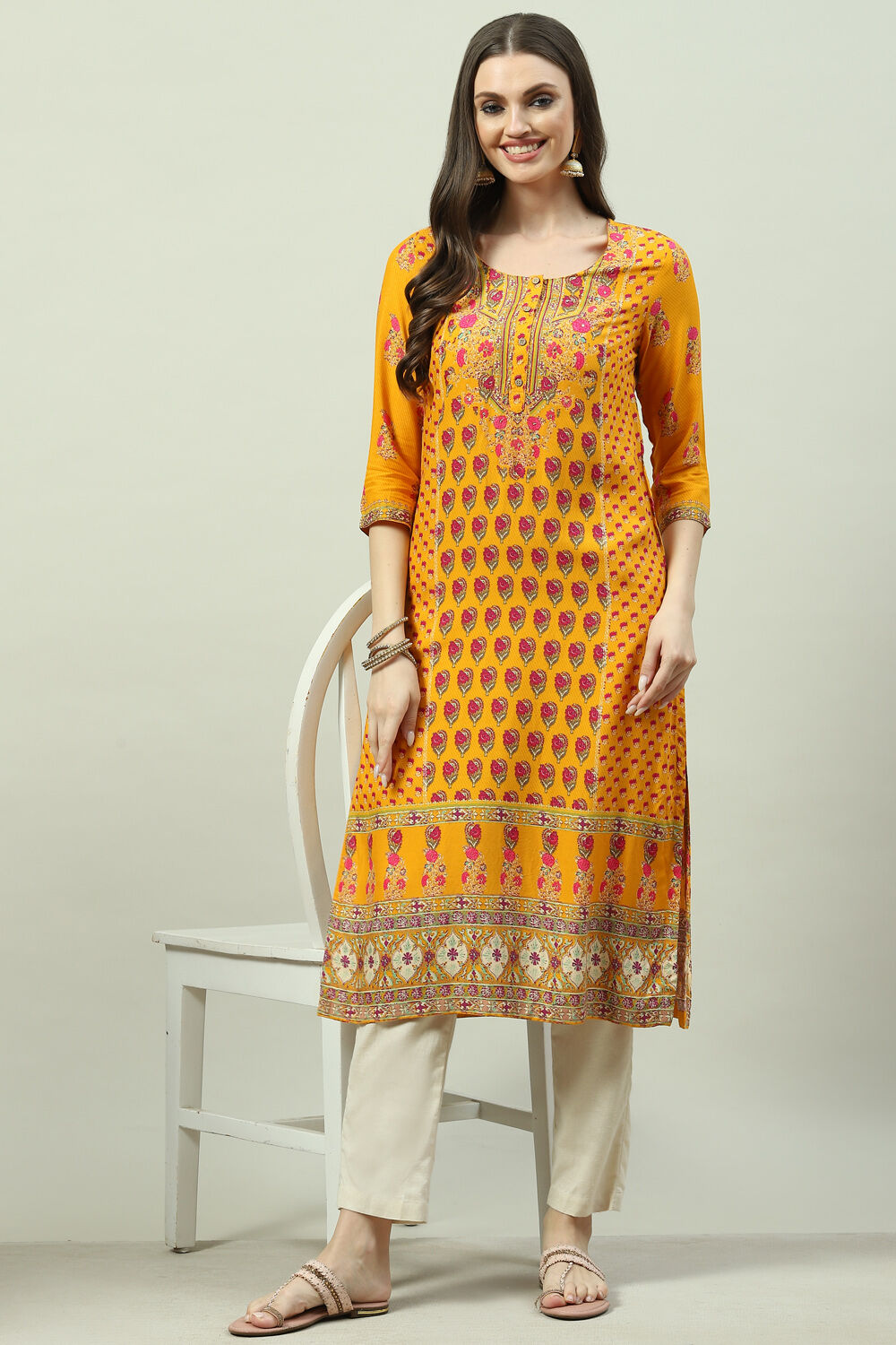 Mustard LIVA Straight Printed Kurta image number 0